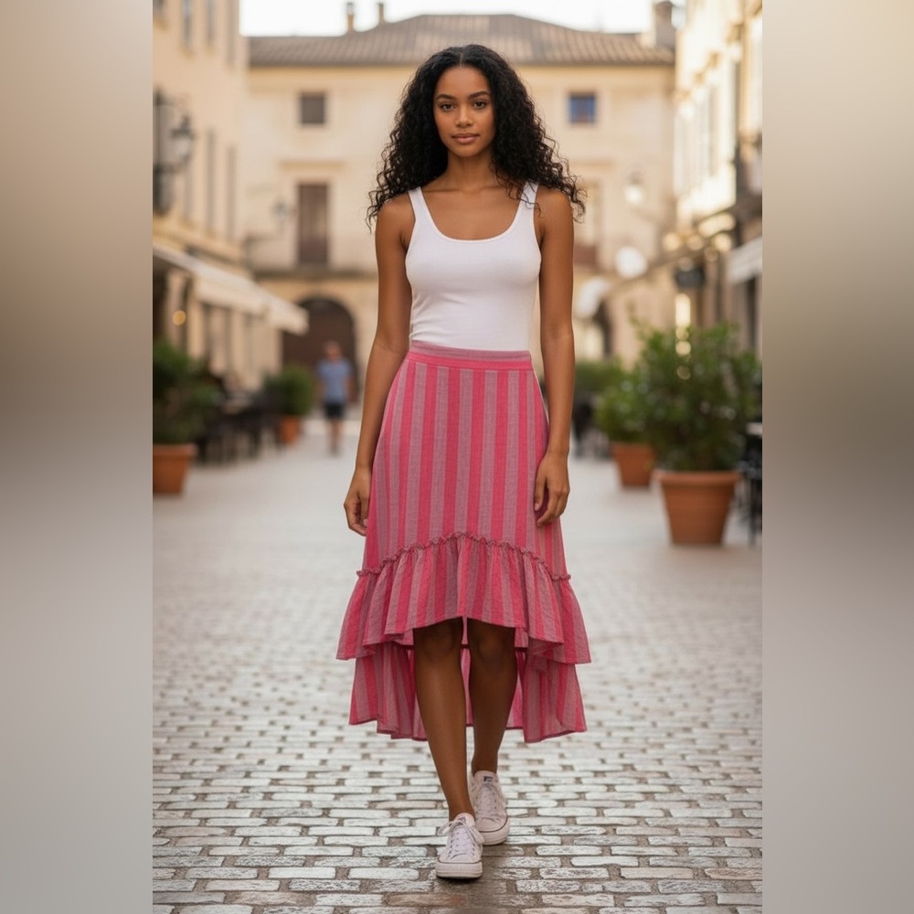 SO Pink Striped High-Low Ruffle Hem Skirt XL